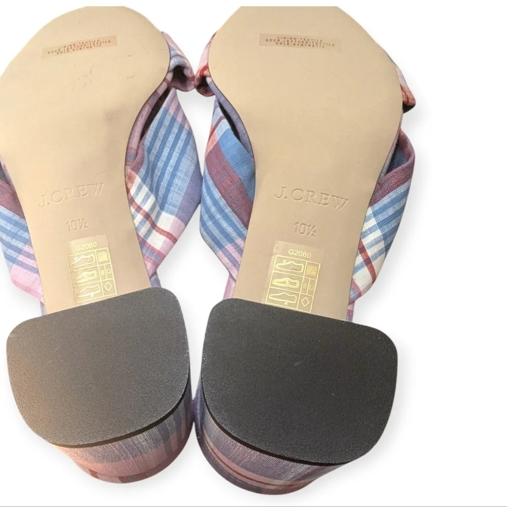 J.Crew Blue Pink Plaid Knotted Slide Sandals Beach Wedding Size 10.5